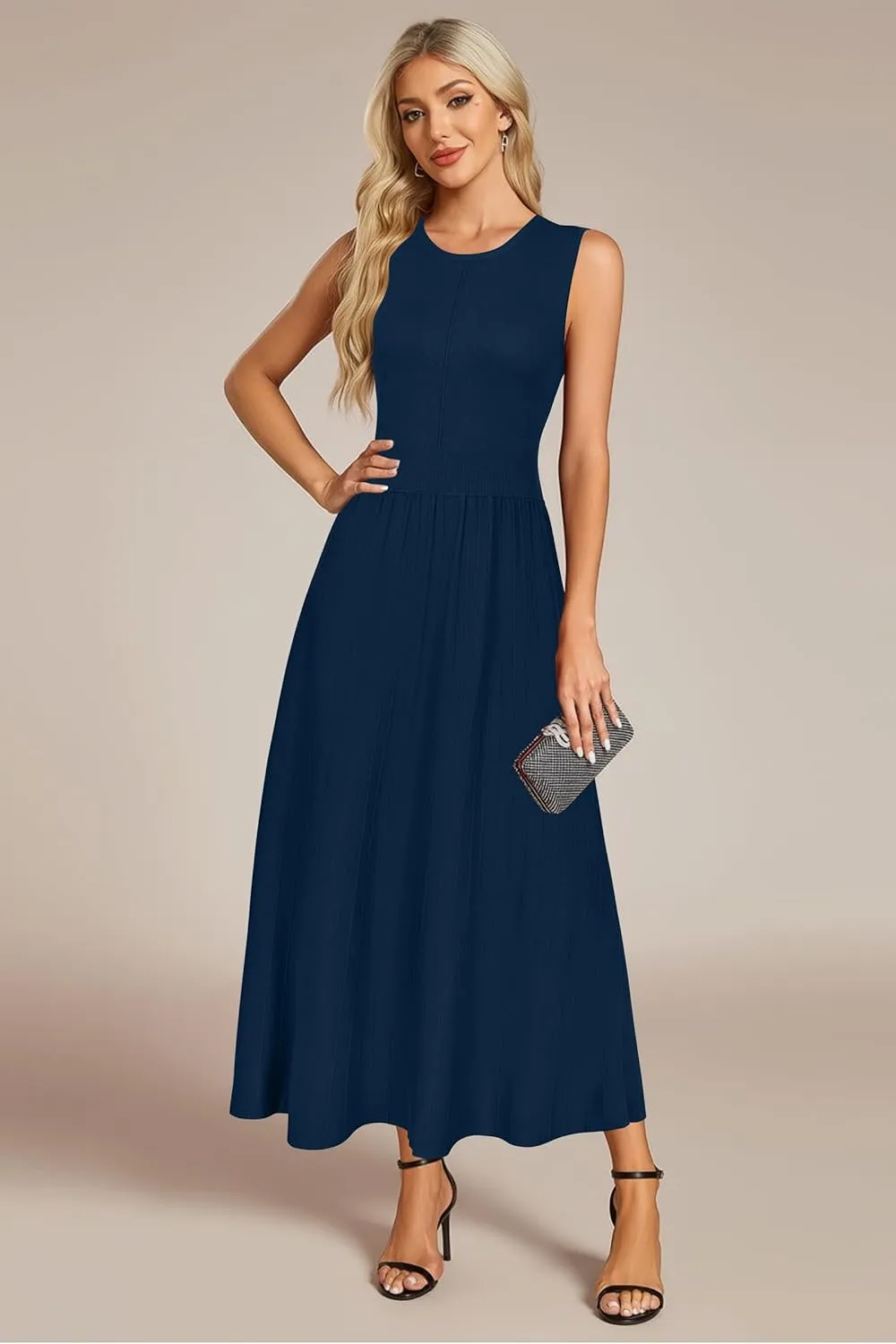 Arach&Cloz Womens Summer Maxi Dress 2025 Crew Neck Sleeveless Knitted Church Work Business Casual Outfits Long Dresses