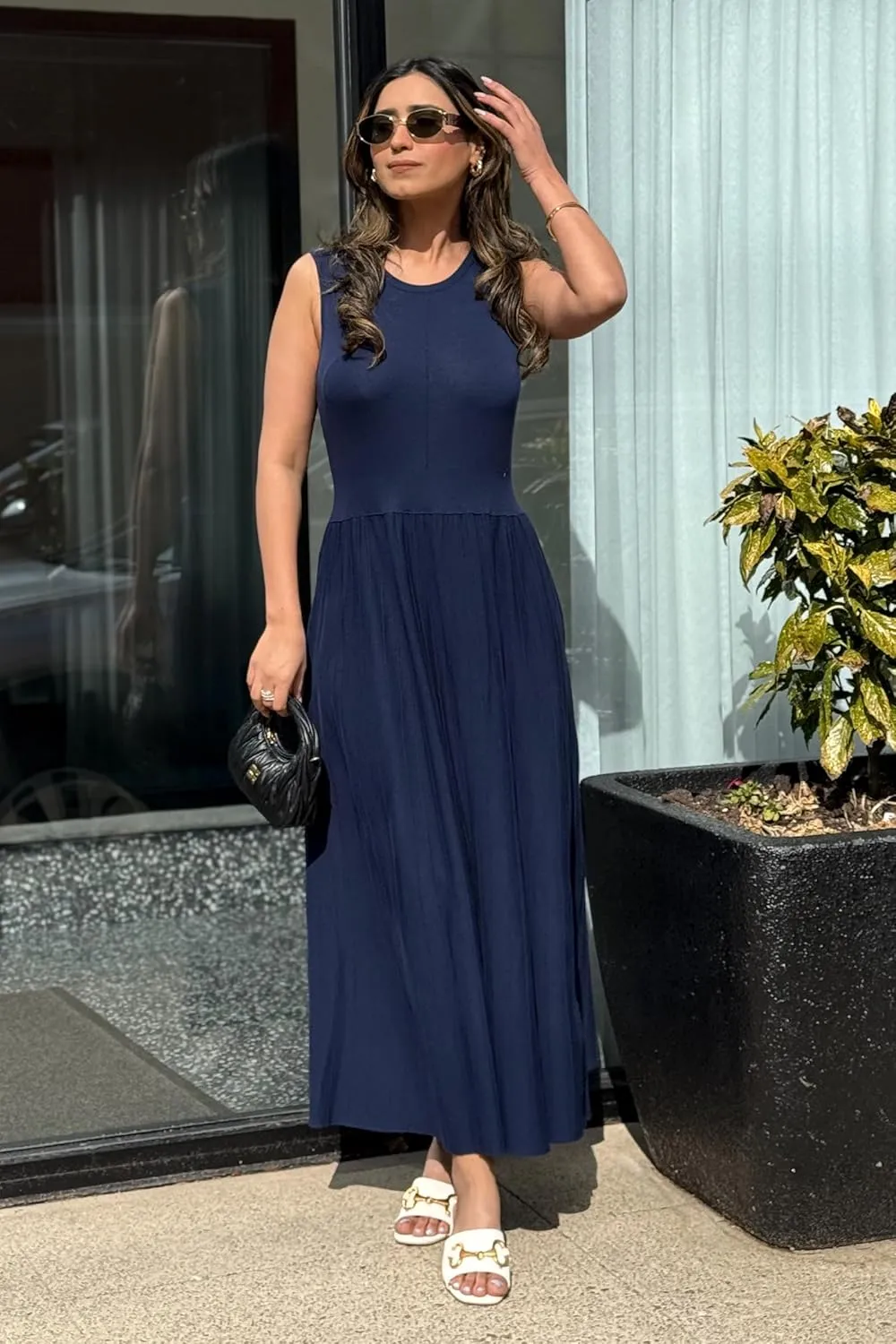 Arach&Cloz Womens Summer Maxi Dress 2025 Crew Neck Sleeveless Knitted Church Work Business Casual Outfits Long Dresses