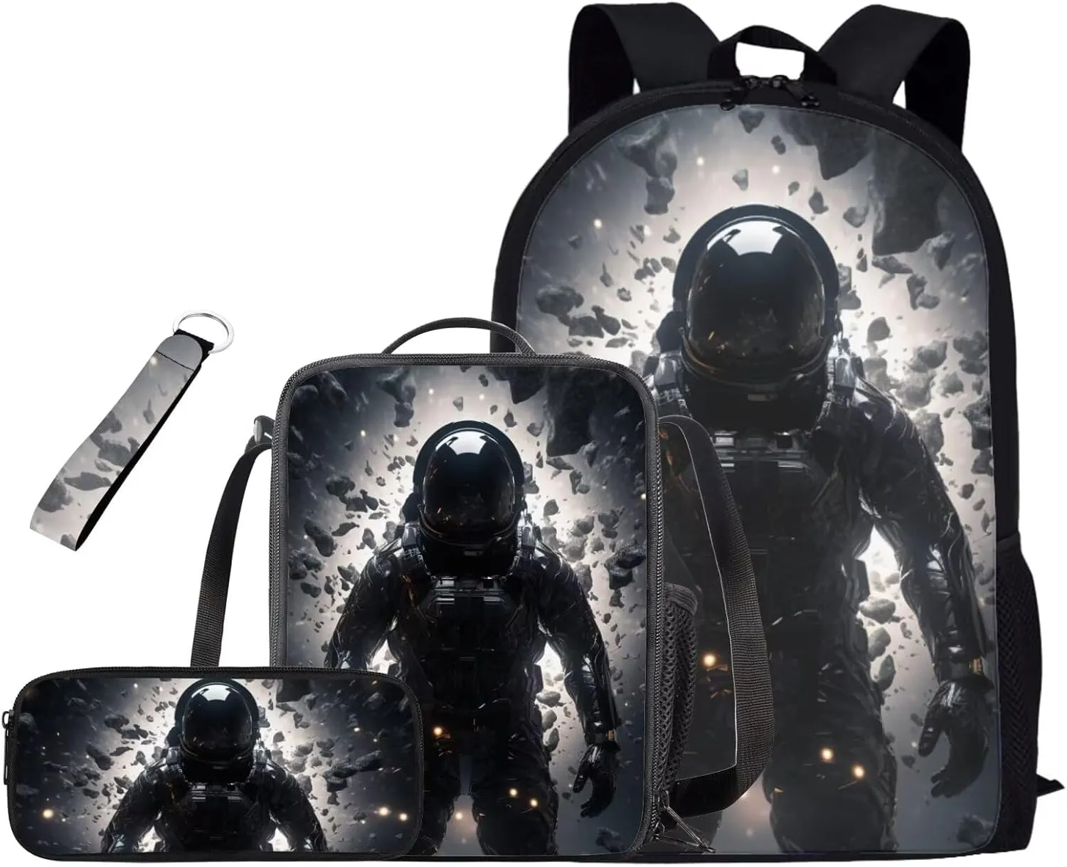 Astronaut Boys Backpack and Lunch Box Set Novetly Bookbags with Pencil Case and Sturdy Keychain 17 Inch 4PCS School Back Pack Set for Elementary Students Casual Use