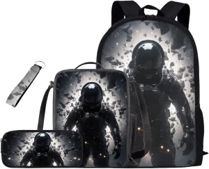 Astronaut Boys Backpack and Lunch Box Set Novetly Bookbags with Pencil Case and Sturdy Keychain 17 Inch 4PCS School Back Pack Set for Elementary Students Casual Use