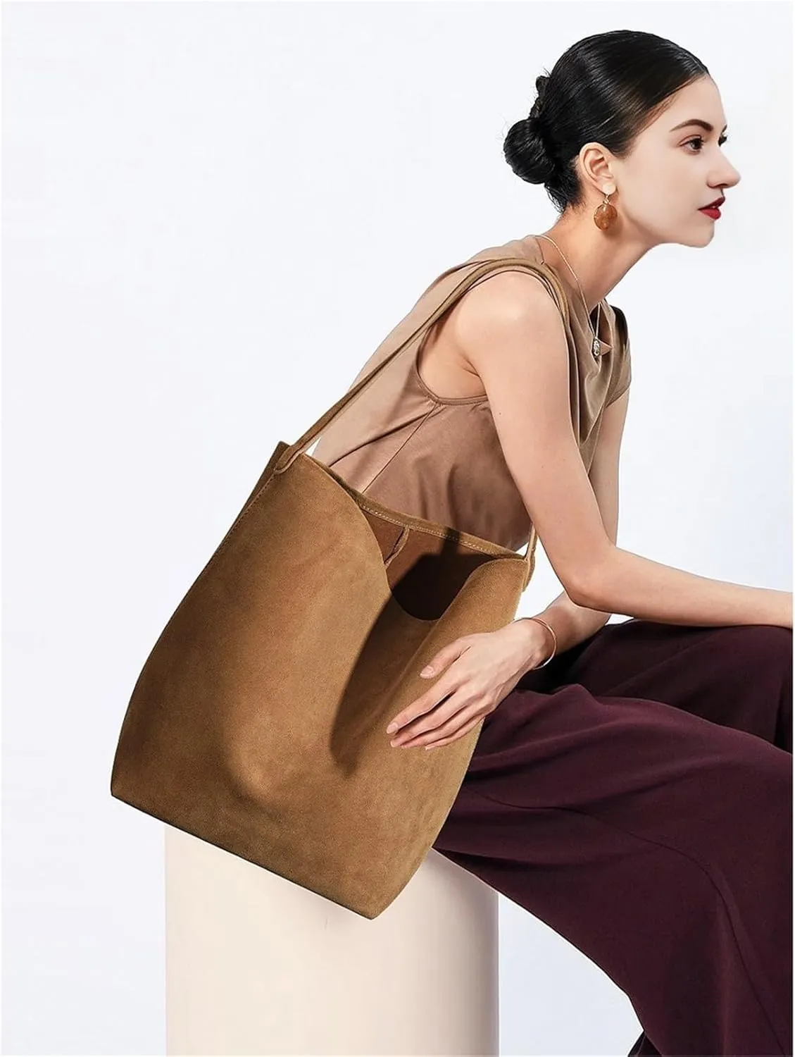 Bag Female Work Commuter Shoulder Bag Large Capacity Suede Frosted Cowhide Bucket Bag Daily Travel Shopping Bag