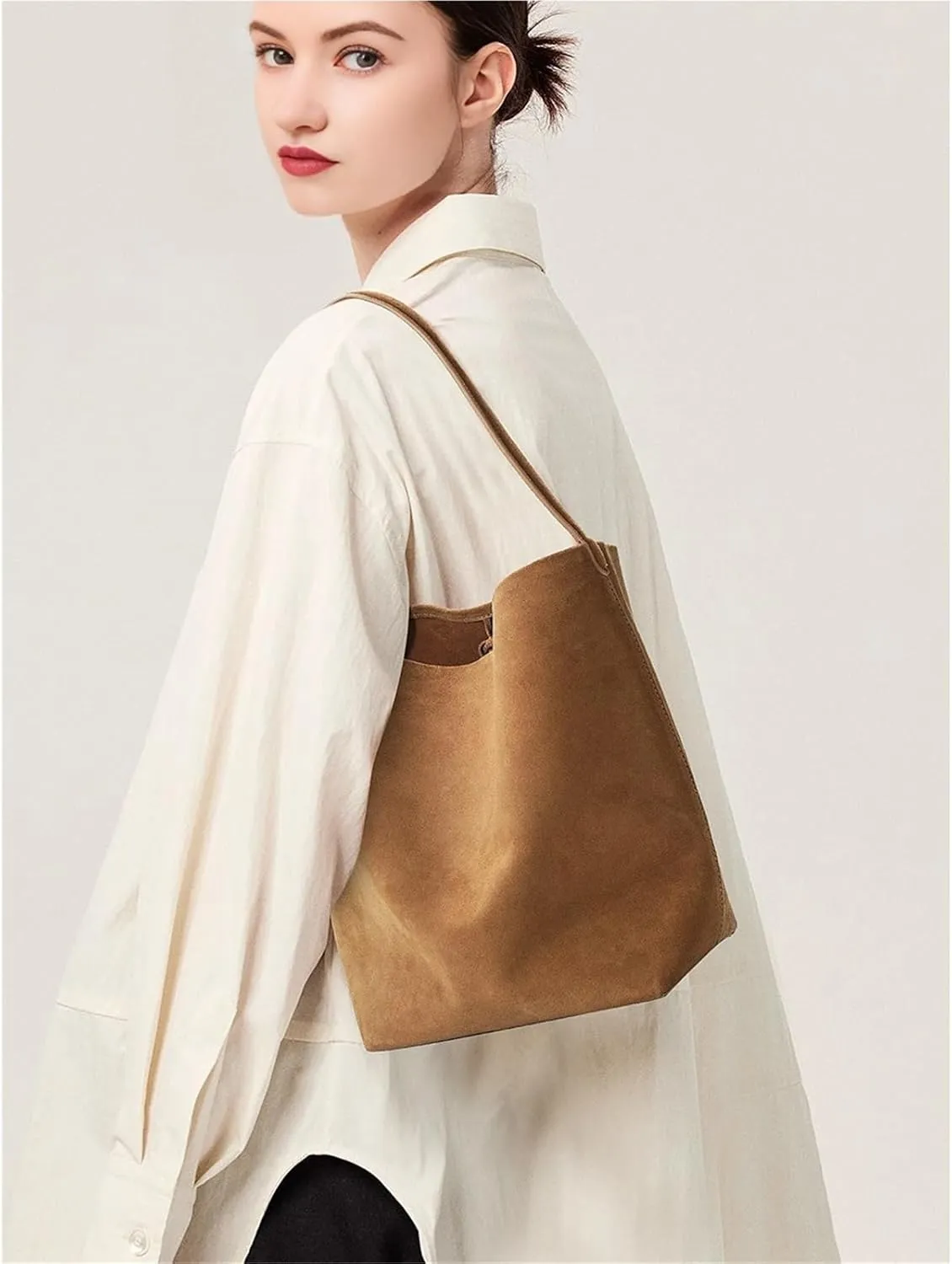 Bag Female Work Commuter Shoulder Bag Large Capacity Suede Frosted Cowhide Bucket Bag Daily Travel Shopping Bag