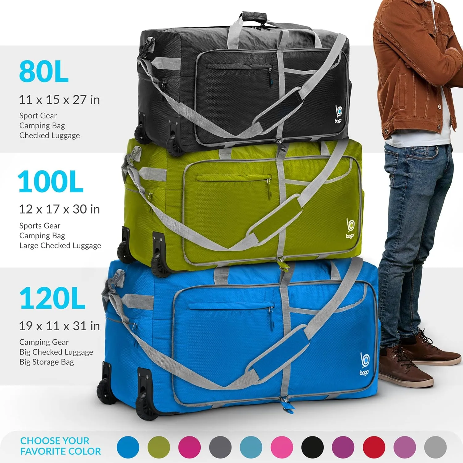 Bago Rolling Duffle Bag with Wheels - 27" 80L Foldable Weekender Bag, Waterproof Travel Duffel Bag, Heavy Duty lightWeight Duffle Bag for Traveling, Rolling Duffel Bag with Wheels (Purple2023)