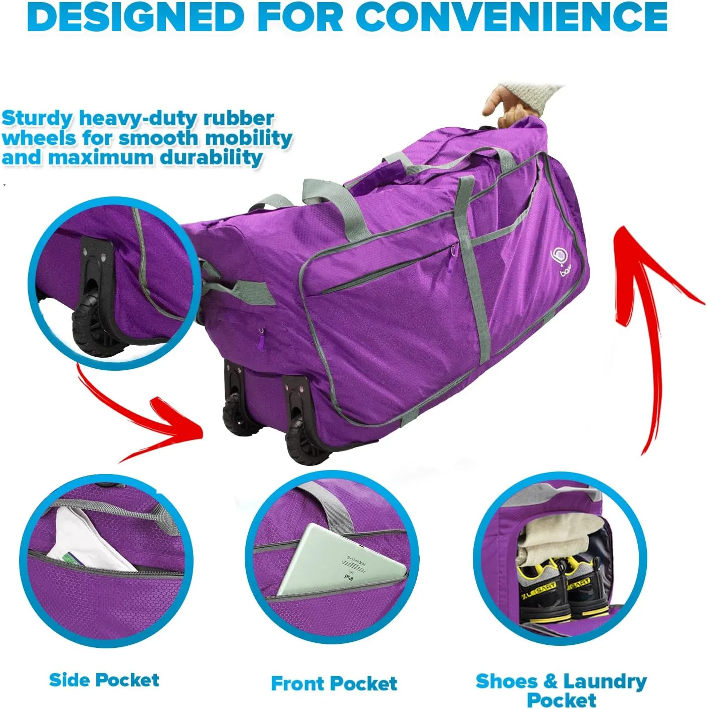Bago Rolling Duffle Bag with Wheels - 27" 80L Foldable Weekender Bag, Waterproof Travel Duffel Bag, Heavy Duty lightWeight Duffle Bag for Traveling, Rolling Duffel Bag with Wheels (Purple2023)