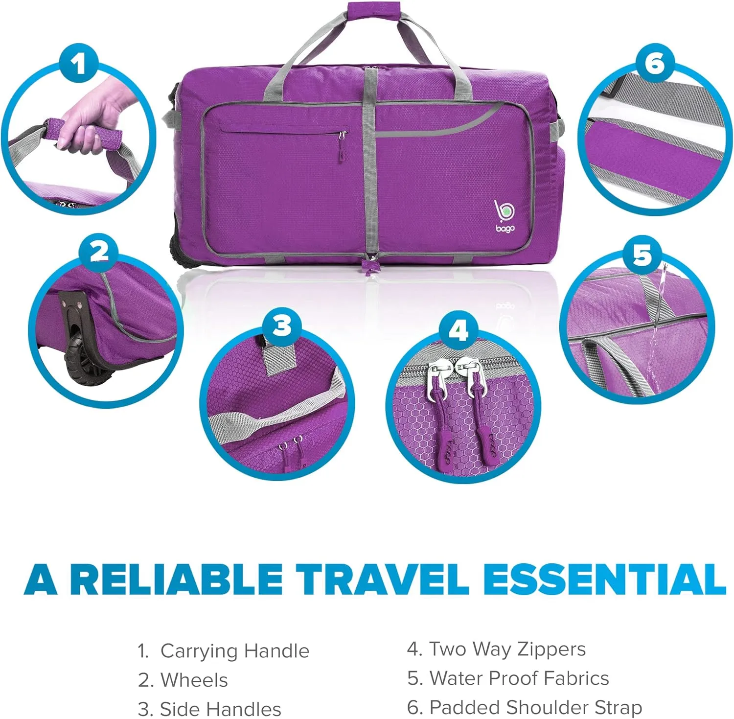 Bago Rolling Duffle Bag with Wheels - 27" 80L Foldable Weekender Bag, Waterproof Travel Duffel Bag, Heavy Duty lightWeight Duffle Bag for Traveling, Rolling Duffel Bag with Wheels (Purple2023)