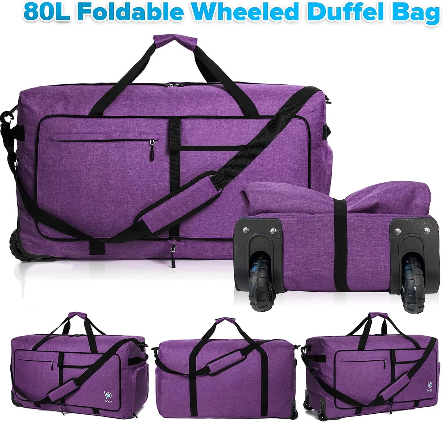 Bago Rolling Duffle Bag with Wheels - 27" 80L Foldable Weekender Bag, Waterproof Travel Duffel Bag, Heavy Duty lightWeight Duffle Bag for Traveling, Rolling Duffel Bag with Wheels (Purple2023)