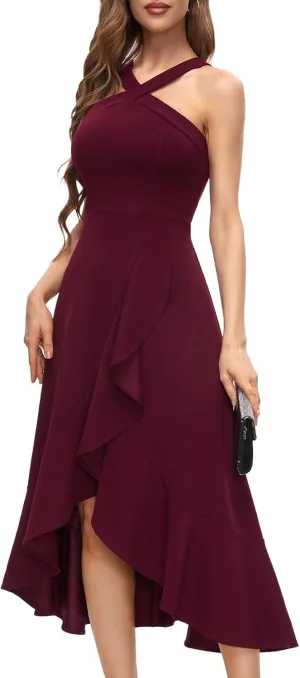 Bbonlinedress Halter Cocktail Women Dresses Prom Formal Wedding Bridesmaid Dress Ruffled Maxi Hi-Lo Evening Party 2025 Dress