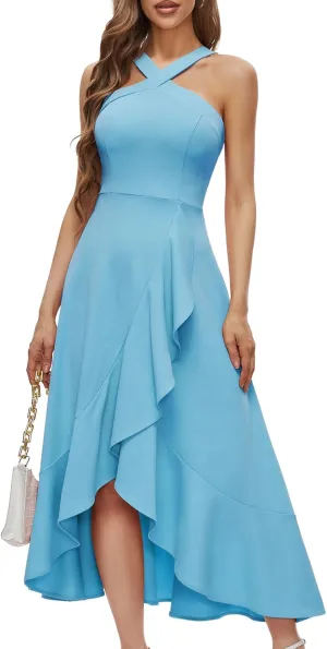 Bbonlinedress Halter Cocktail Women Dresses Prom Formal Wedding Bridesmaid Dress Ruffled Maxi Hi-Lo Evening Party 2025 Dress