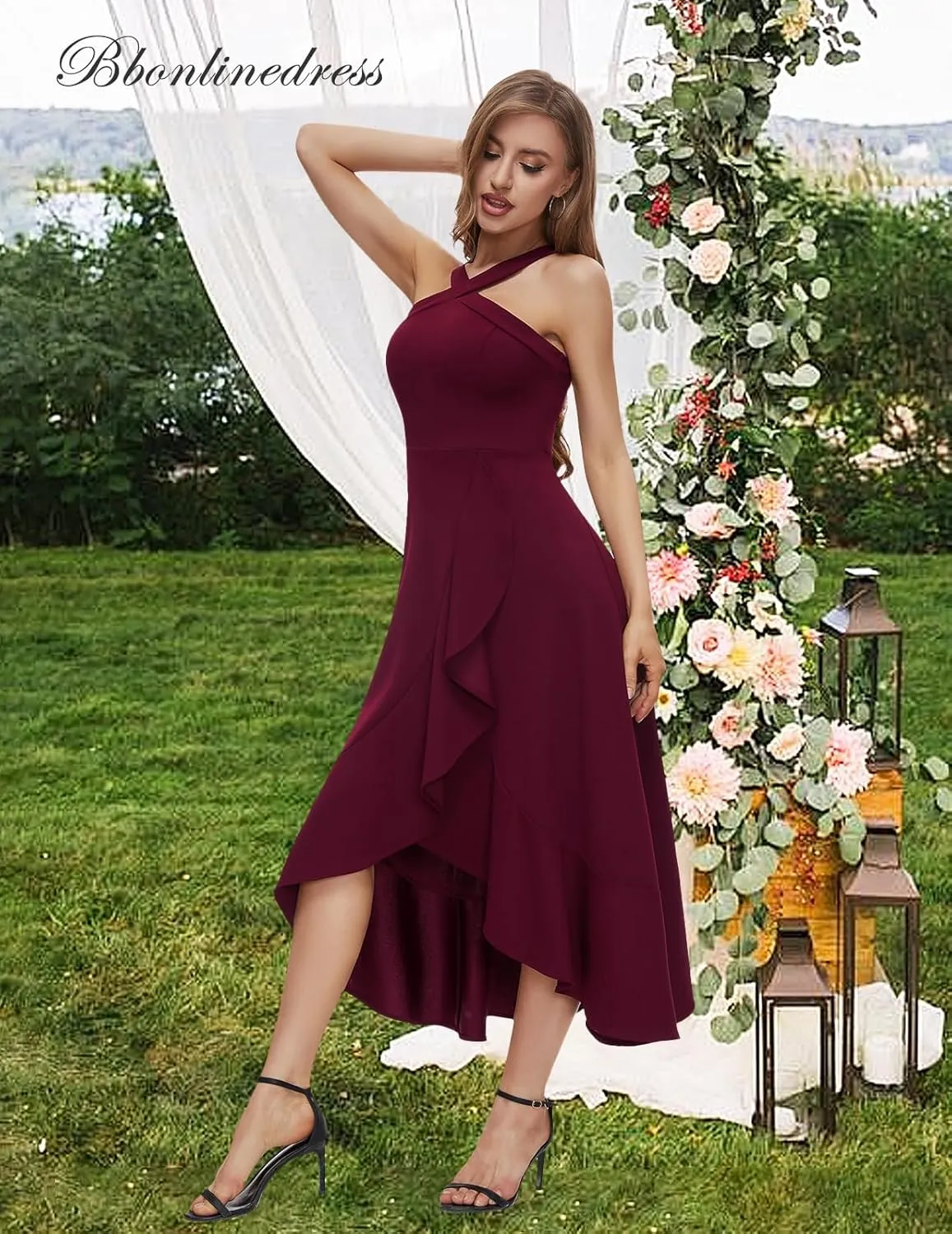 Bbonlinedress Halter Cocktail Women Dresses Prom Formal Wedding Bridesmaid Dress Ruffled Maxi Hi-Lo Evening Party 2025 Dress