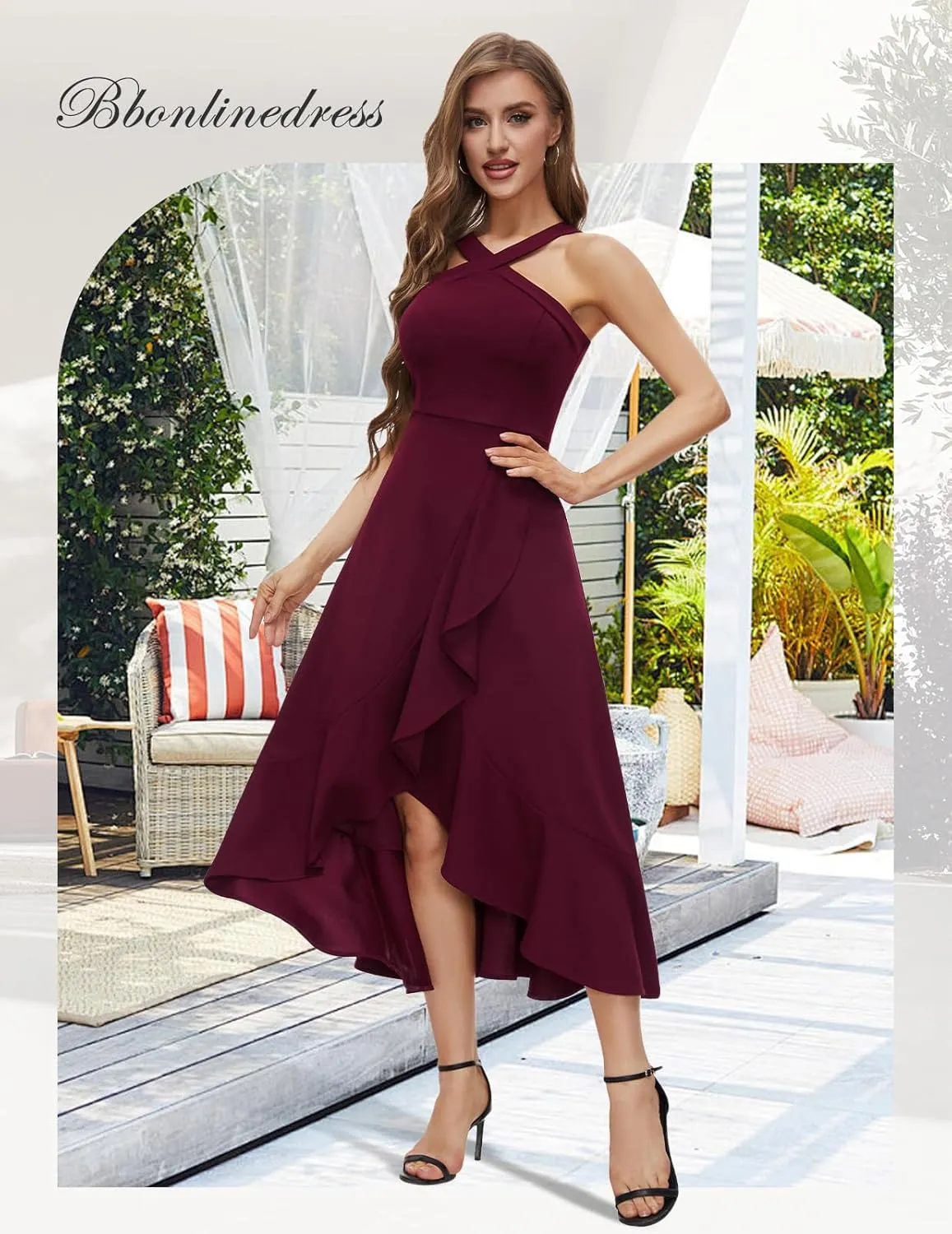 Bbonlinedress Halter Cocktail Women Dresses Prom Formal Wedding Bridesmaid Dress Ruffled Maxi Hi-Lo Evening Party 2025 Dress