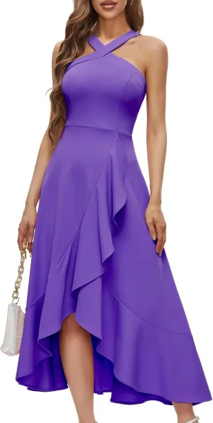 Bbonlinedress Halter Cocktail Women Dresses Prom Formal Wedding Bridesmaid Dress Ruffled Maxi Hi-Lo Evening Party 2025 Dress