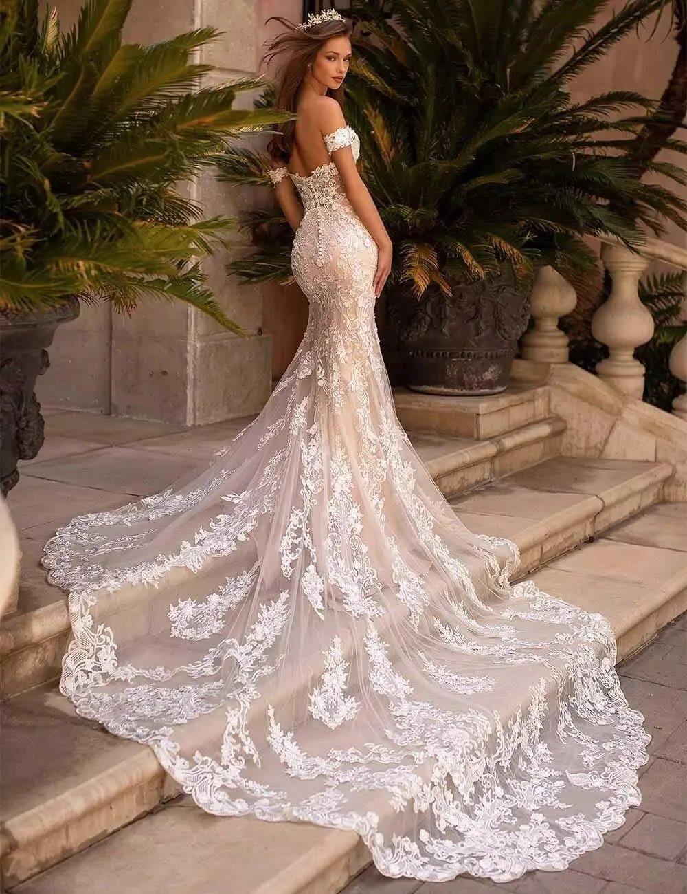 Beach Mermaid Wedding Dresses for Bride 2025 Lace Appliques Tulle Boho Bride Dress with Train