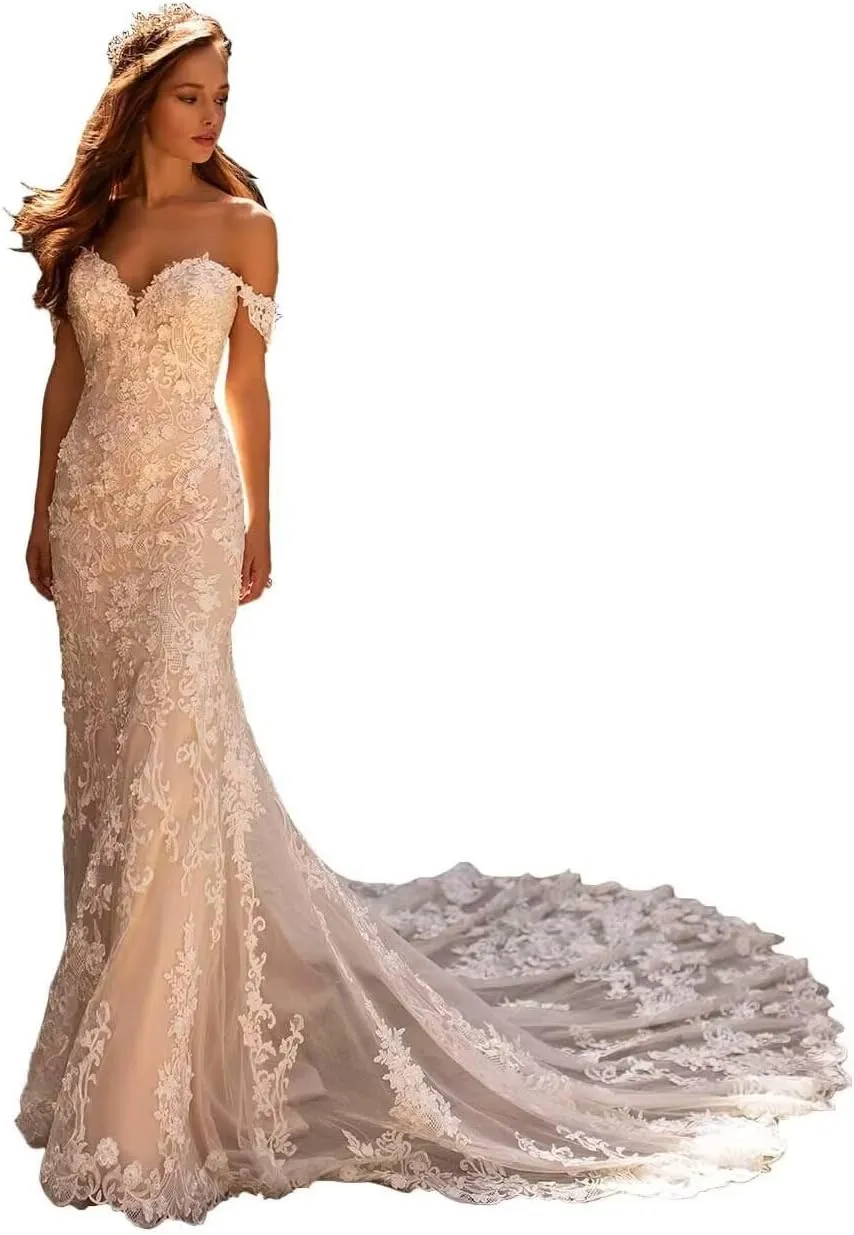 Beach Mermaid Wedding Dresses for Bride 2025 Lace Appliques Tulle Boho Bride Dress with Train