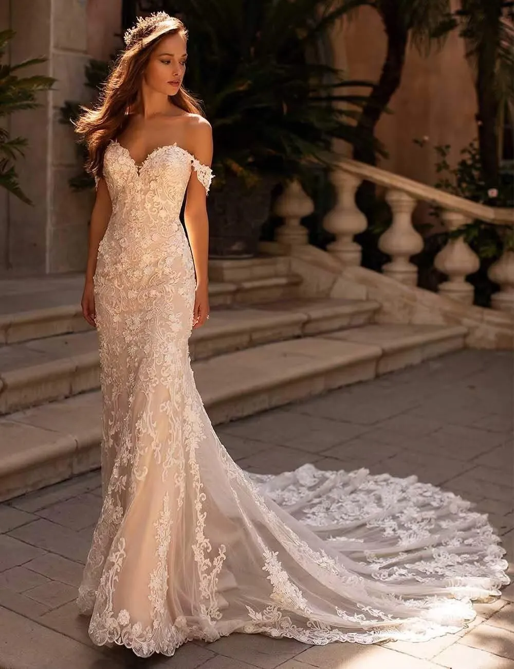 Beach Mermaid Wedding Dresses for Bride 2025 Lace Appliques Tulle Boho Bride Dress with Train