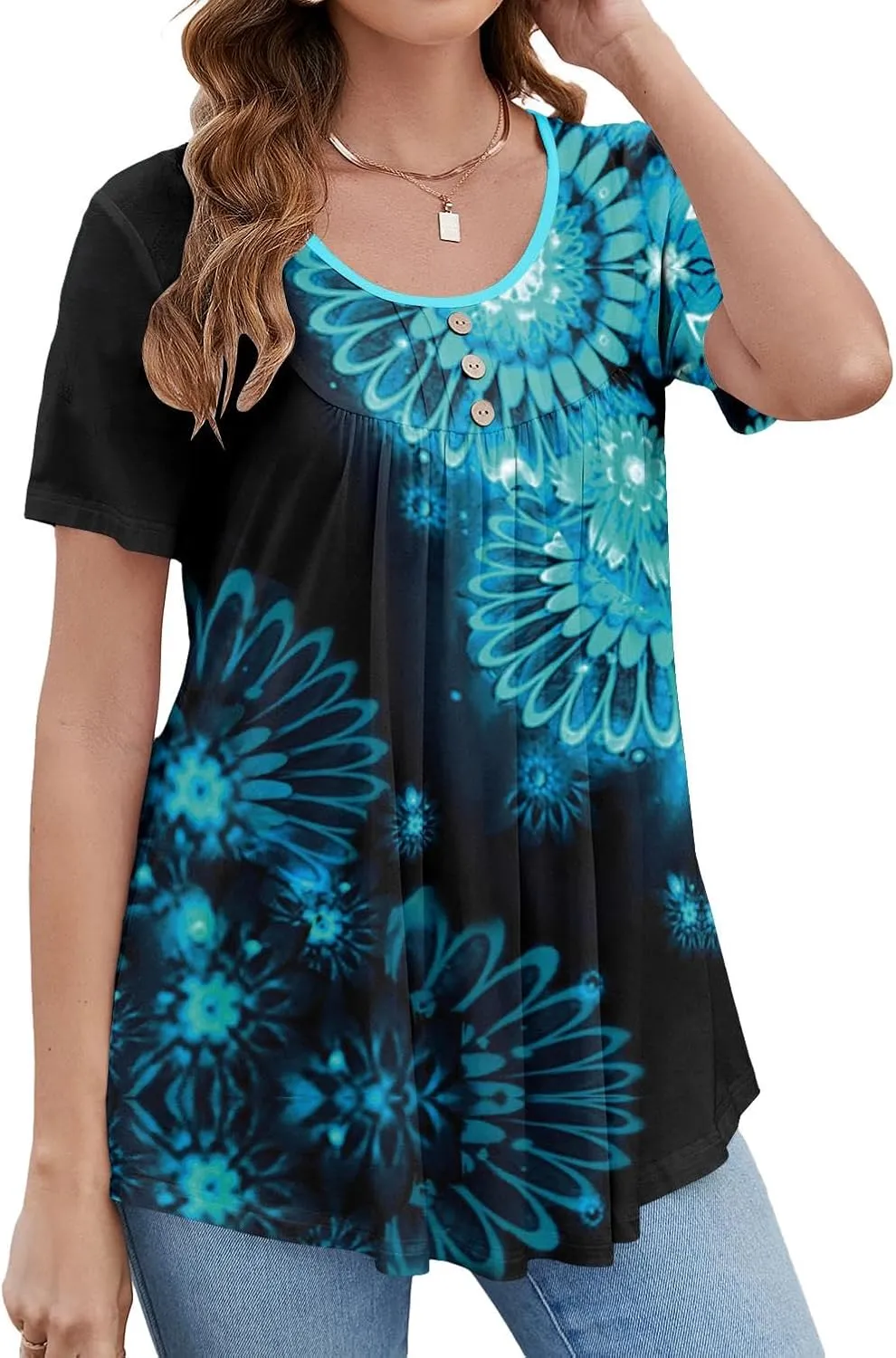 BeadChica Women's Tunic Tops For Leggings Short Sleeve Shirts Botton Up Casual Ruched Blouses Clothes