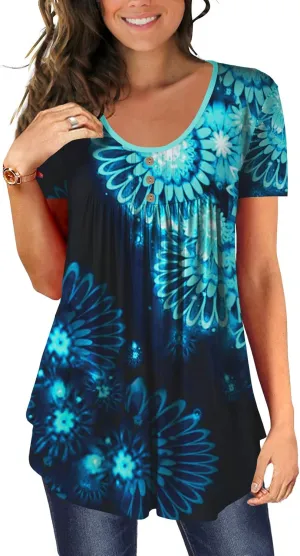 BeadChica Women's Tunic Tops For Leggings Short Sleeve Shirts Botton Up Casual Ruched Blouses Clothes