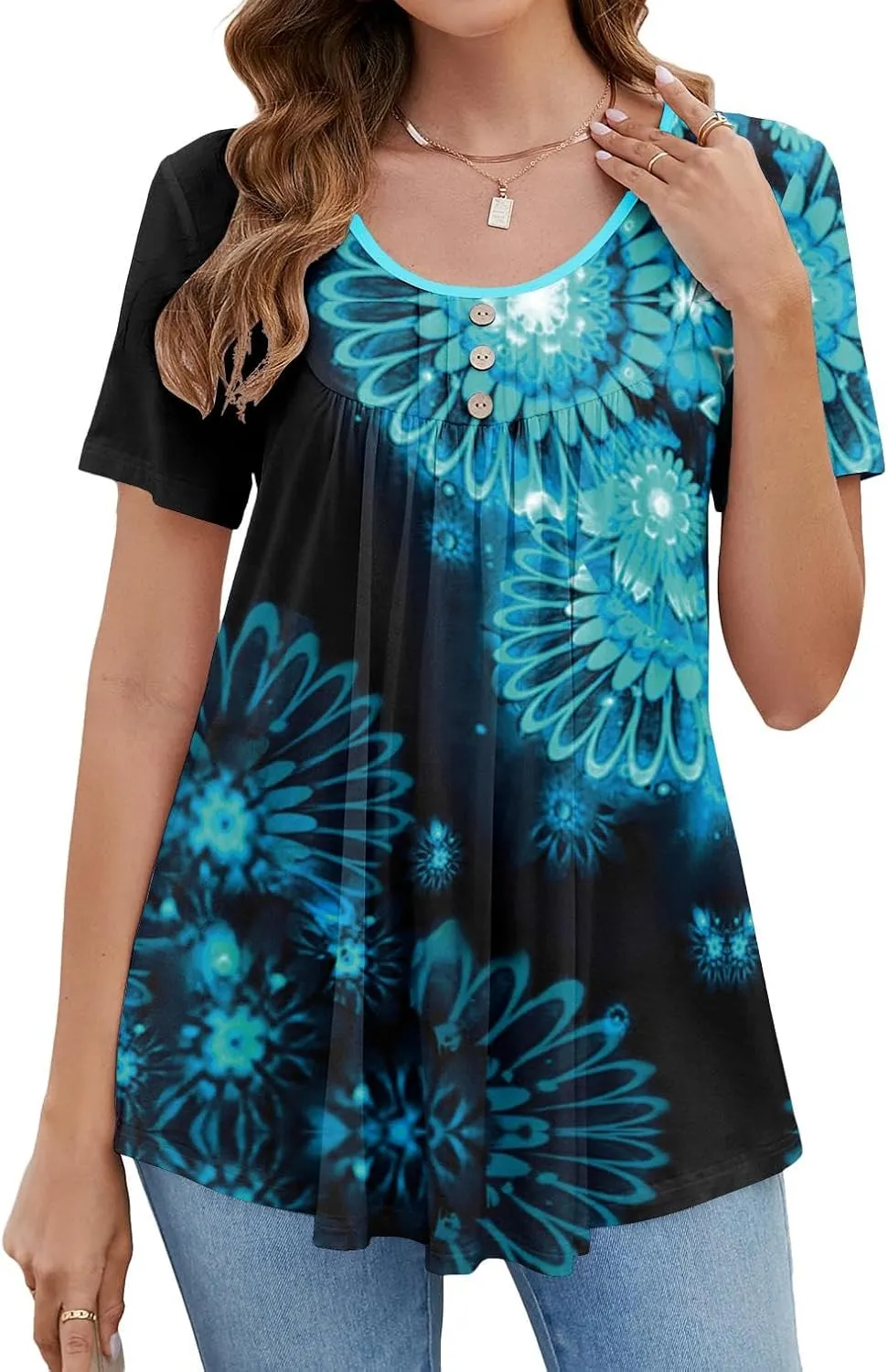 BeadChica Women's Tunic Tops For Leggings Short Sleeve Shirts Botton Up Casual Ruched Blouses Clothes