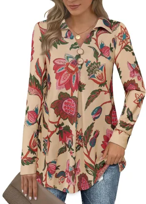 Bebonnie Womens Long Sleeve Casual Lapel V Neck Pullover Tunic Blouse Tops with Buttons