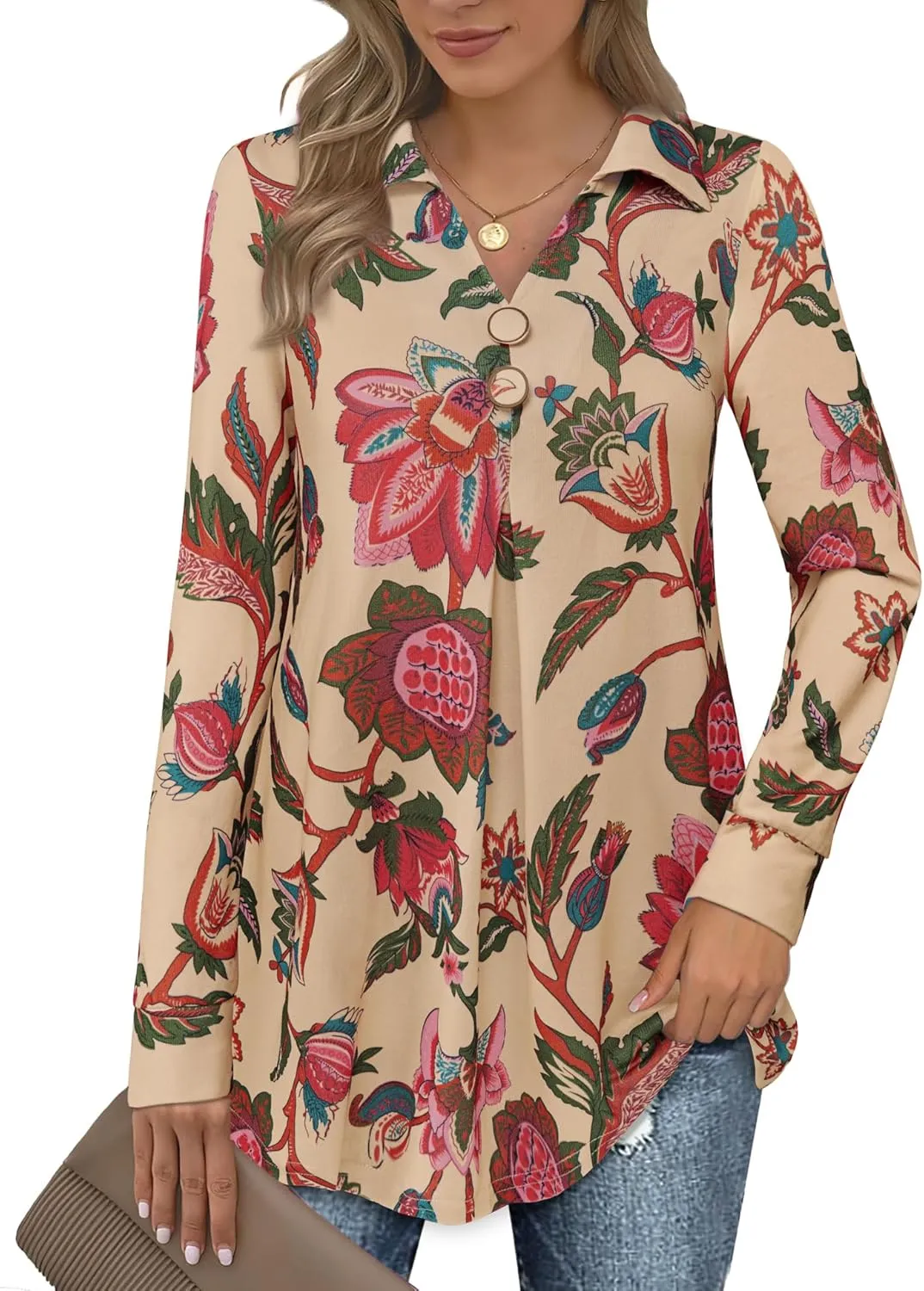 Bebonnie Womens Long Sleeve Casual Lapel V Neck Pullover Tunic Blouse Tops with Buttons