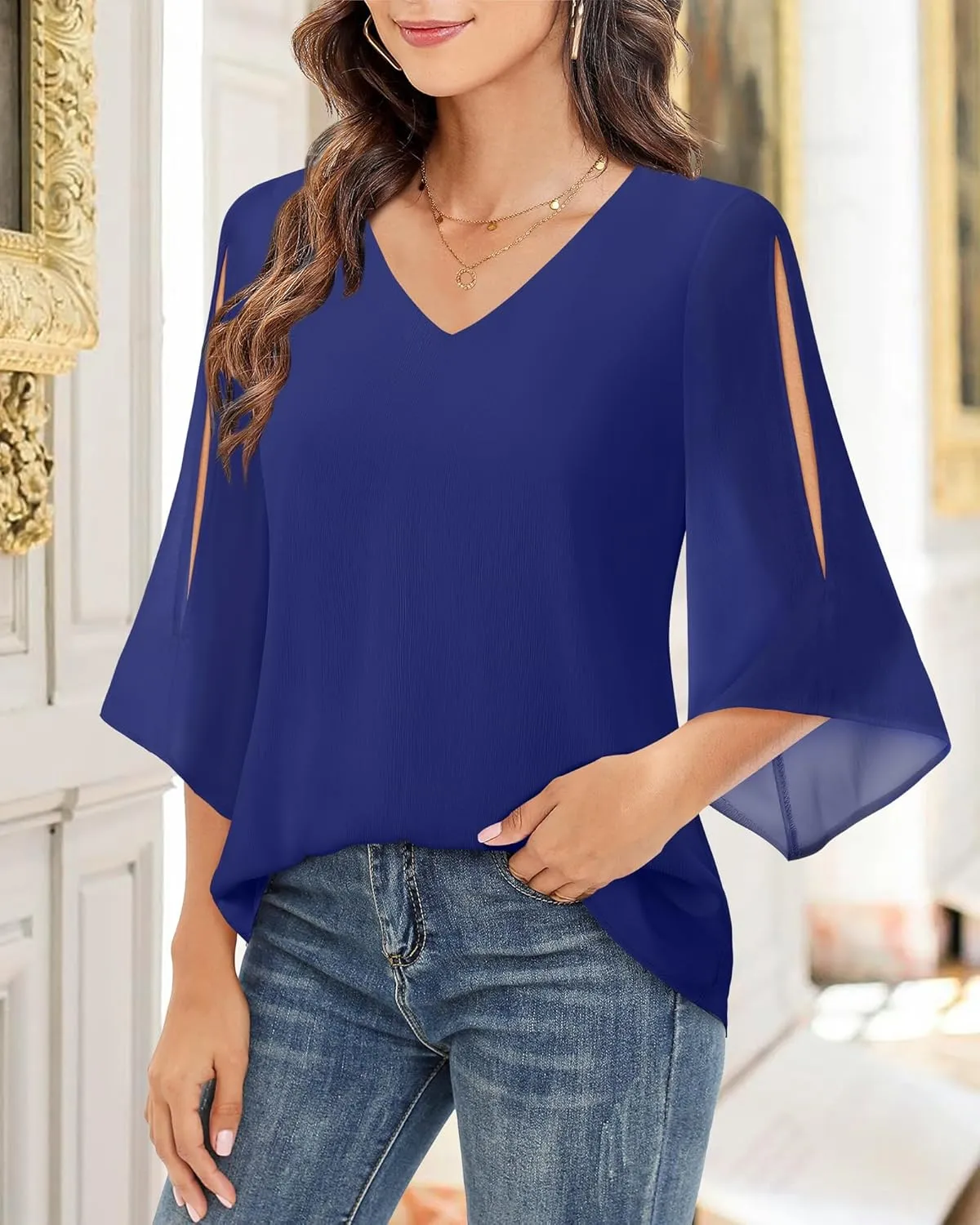 Bebonnie Womens Ruffle 3/4 Sleeve V Neck Double Layers Chiffon Blouses Dressy Tops