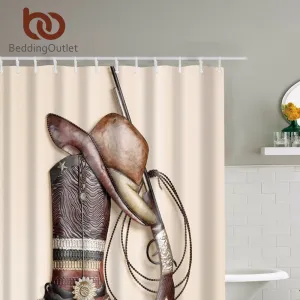 BeddingOutlet Country Cowboy Shower Curtain Cowboy Boots Hat Print Bathroom Waterproof Curtain Shower Set with Hooks 71" x 71"