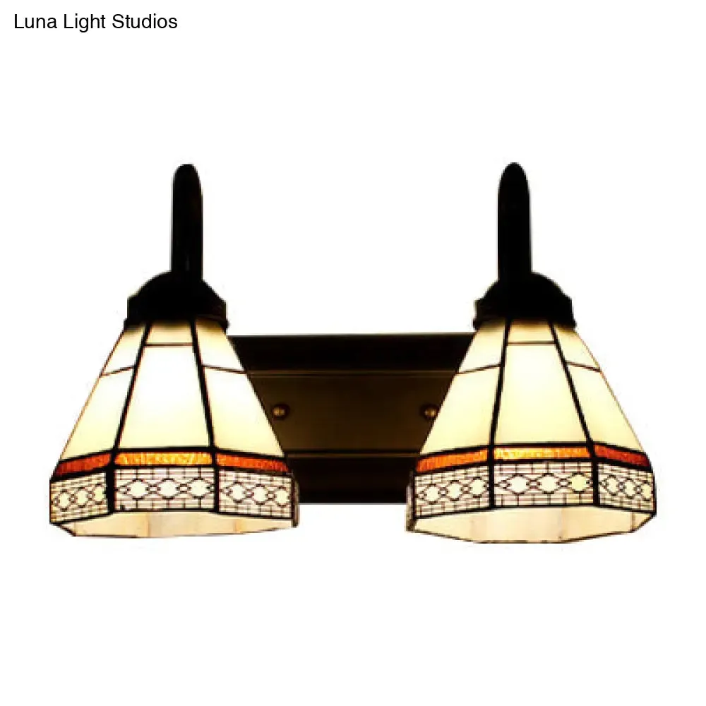 Beige Glass Tiffany Sconce with Conical Shade - Wall Mounted 2-Headed Black Light Fixture