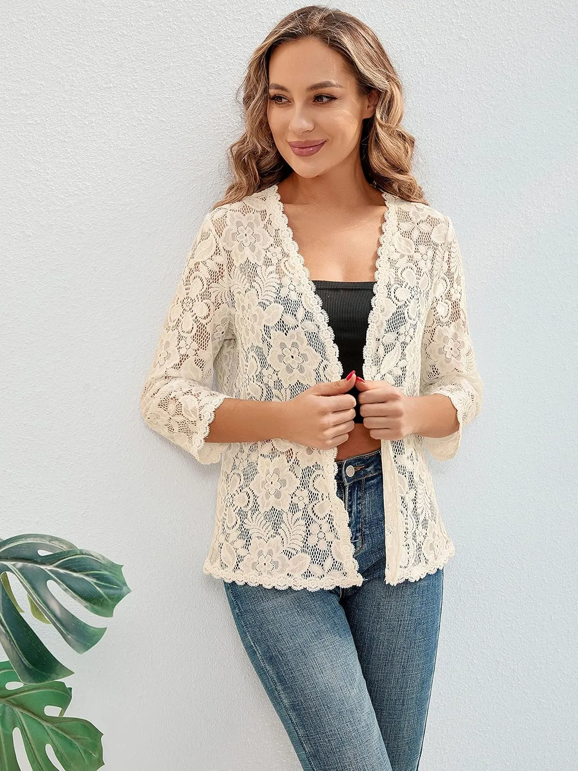 BENANCY Women's 3/4 Sleeve Bolero Shrugs Crochet Lace Open Cardigan