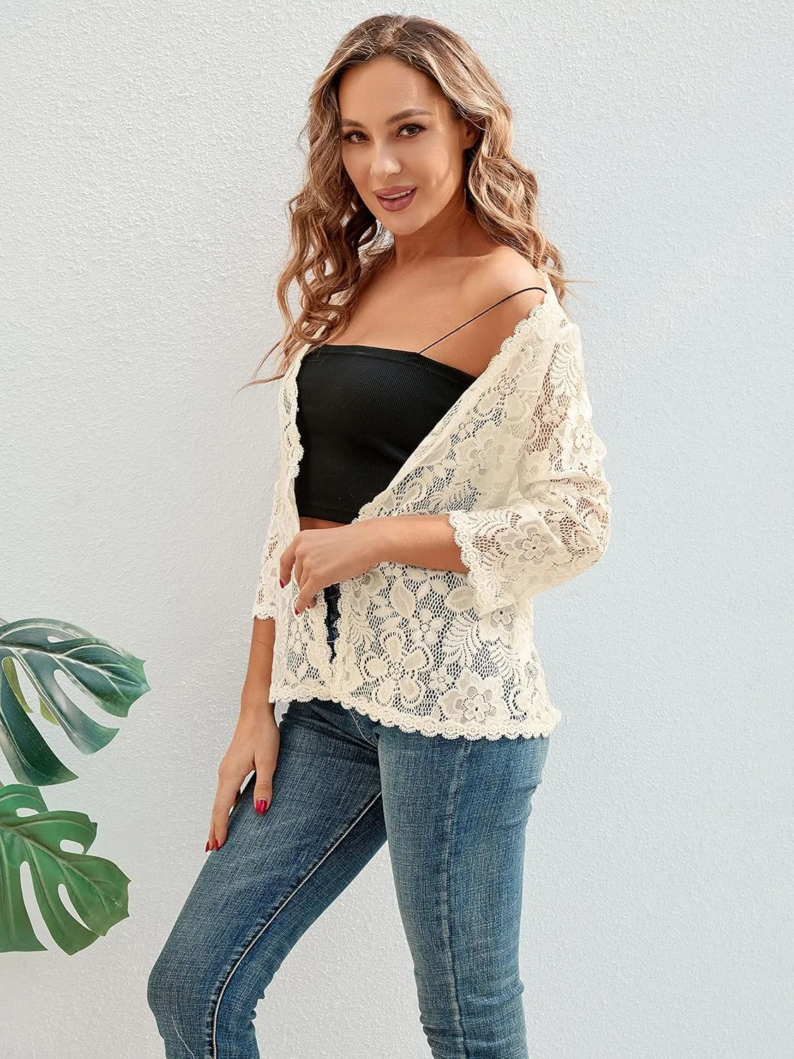 BENANCY Women's 3/4 Sleeve Bolero Shrugs Crochet Lace Open Cardigan