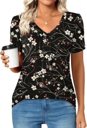 Bestbee Women's Plus Size Short Sleeve Blouses Summer Casual Loose Fit Tops V Neck Tunics