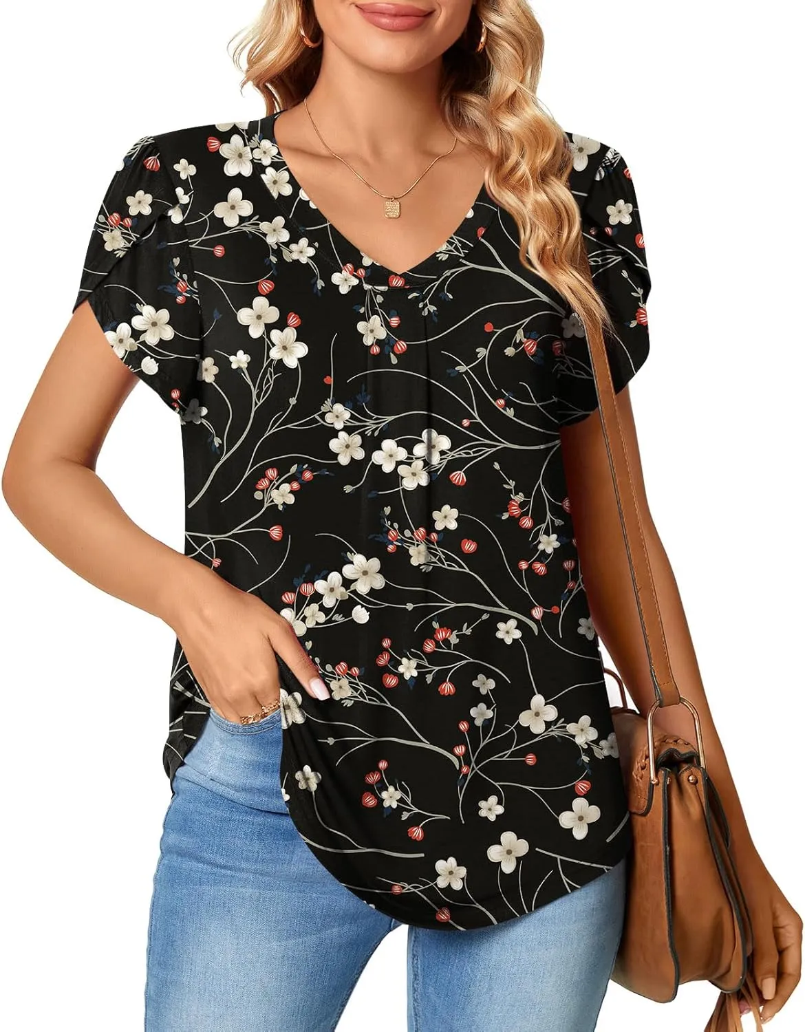 Bestbee Women's Plus Size Short Sleeve Blouses Summer Casual Loose Fit Tops V Neck Tunics