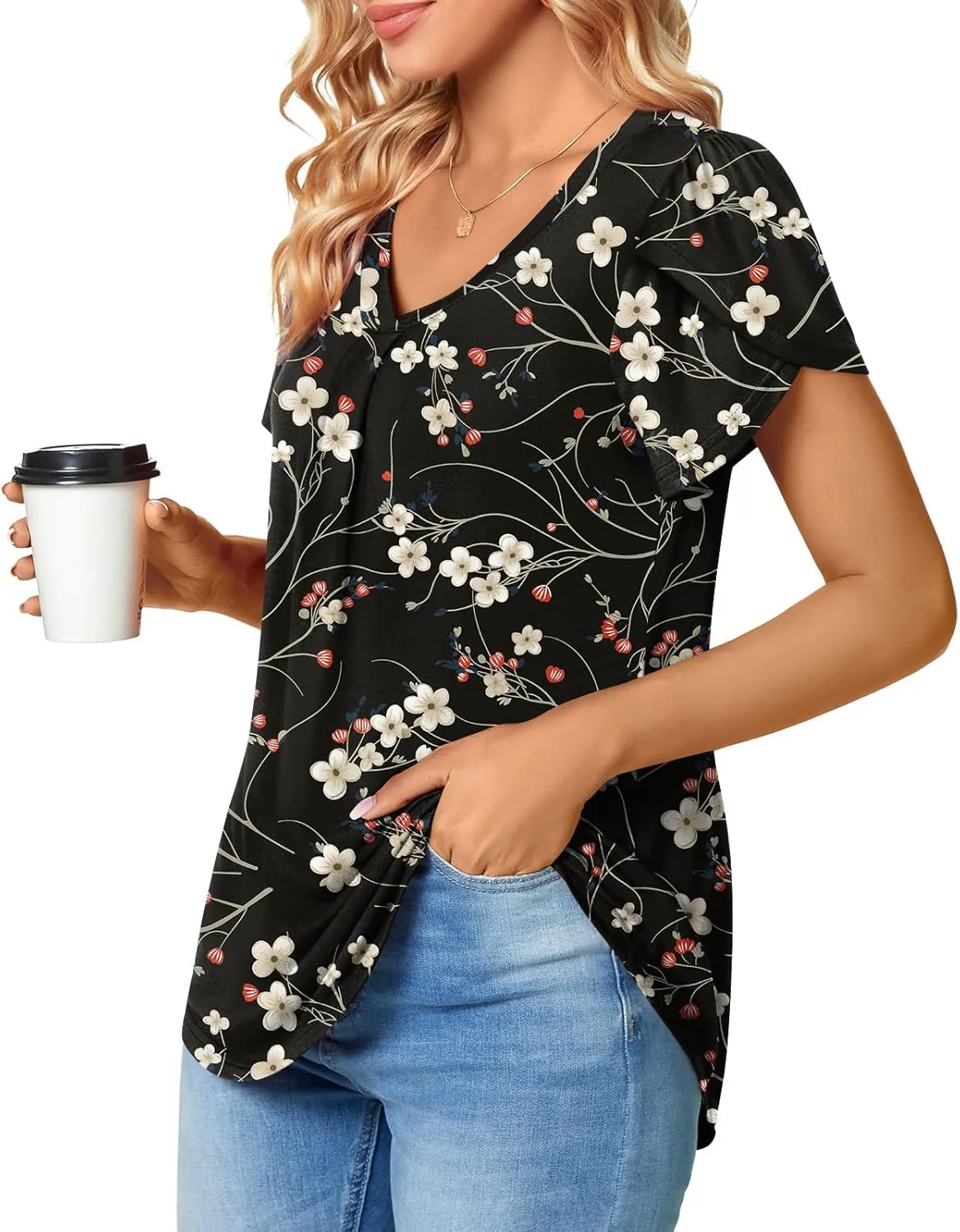 Bestbee Women's Plus Size Short Sleeve Blouses Summer Casual Loose Fit Tops V Neck Tunics