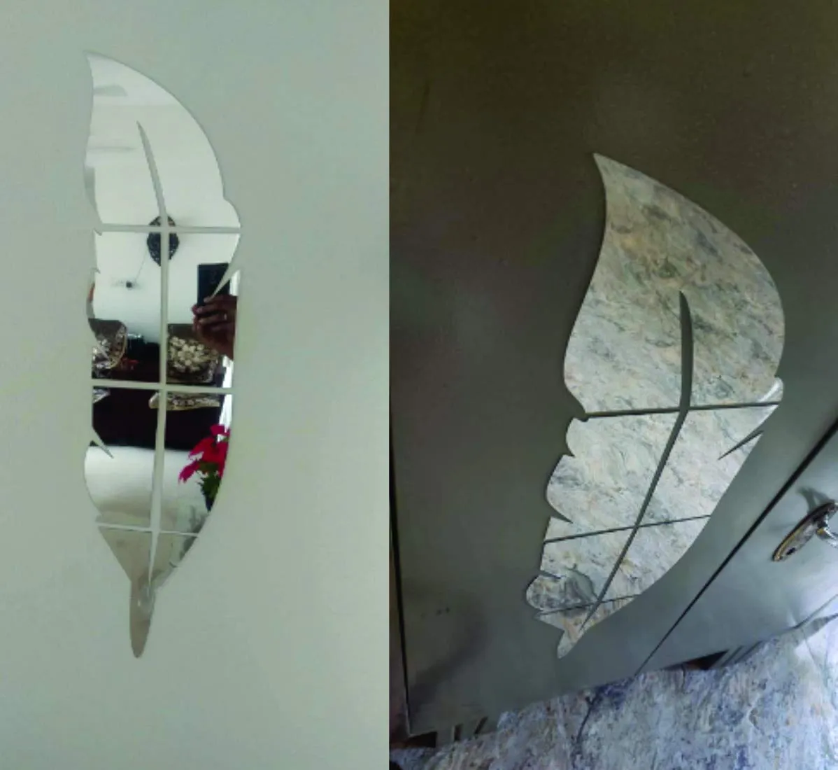 Bikri Kendra - Feather Silver- 3D Acrylic Decorative Mirror Murals Wall Stickers