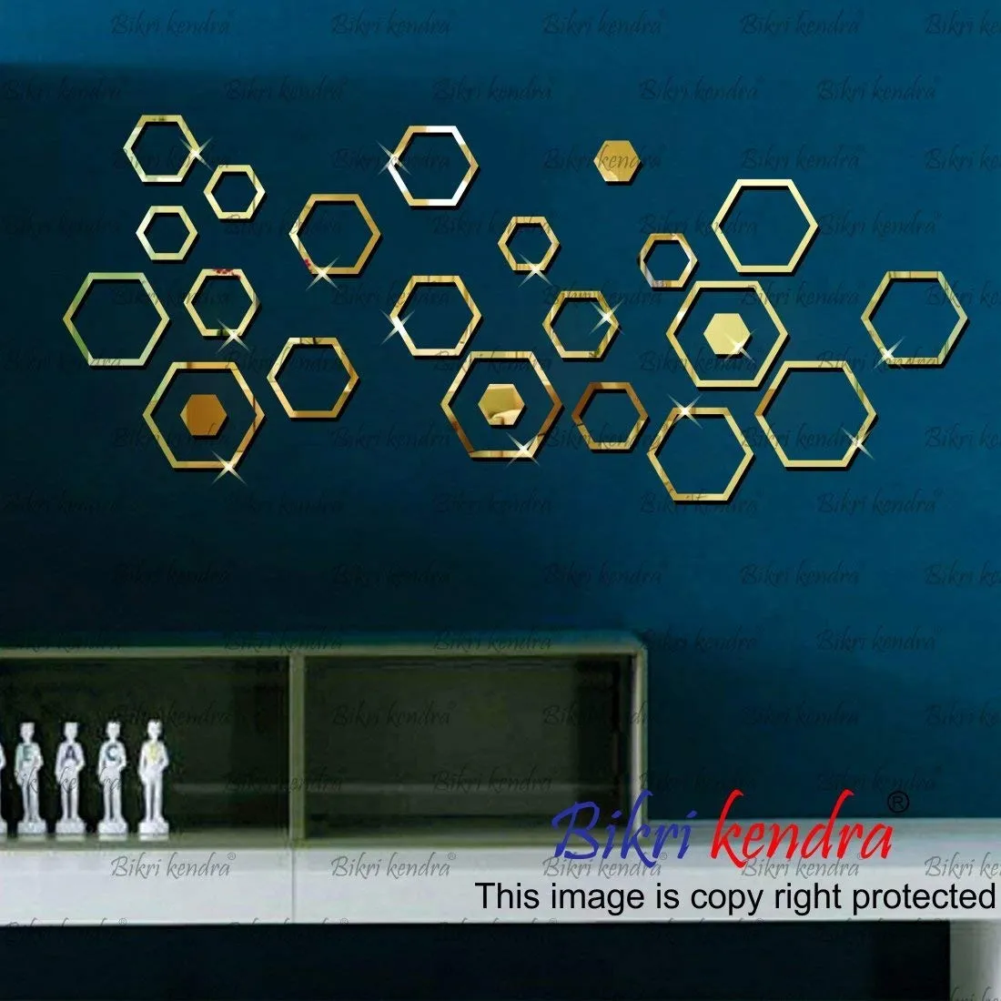 Bikri Kendra - Premium Acrylic Hexagon Rings 24-3D Mirror Wall Decor Stickers, 17x17x5cm (Golden)