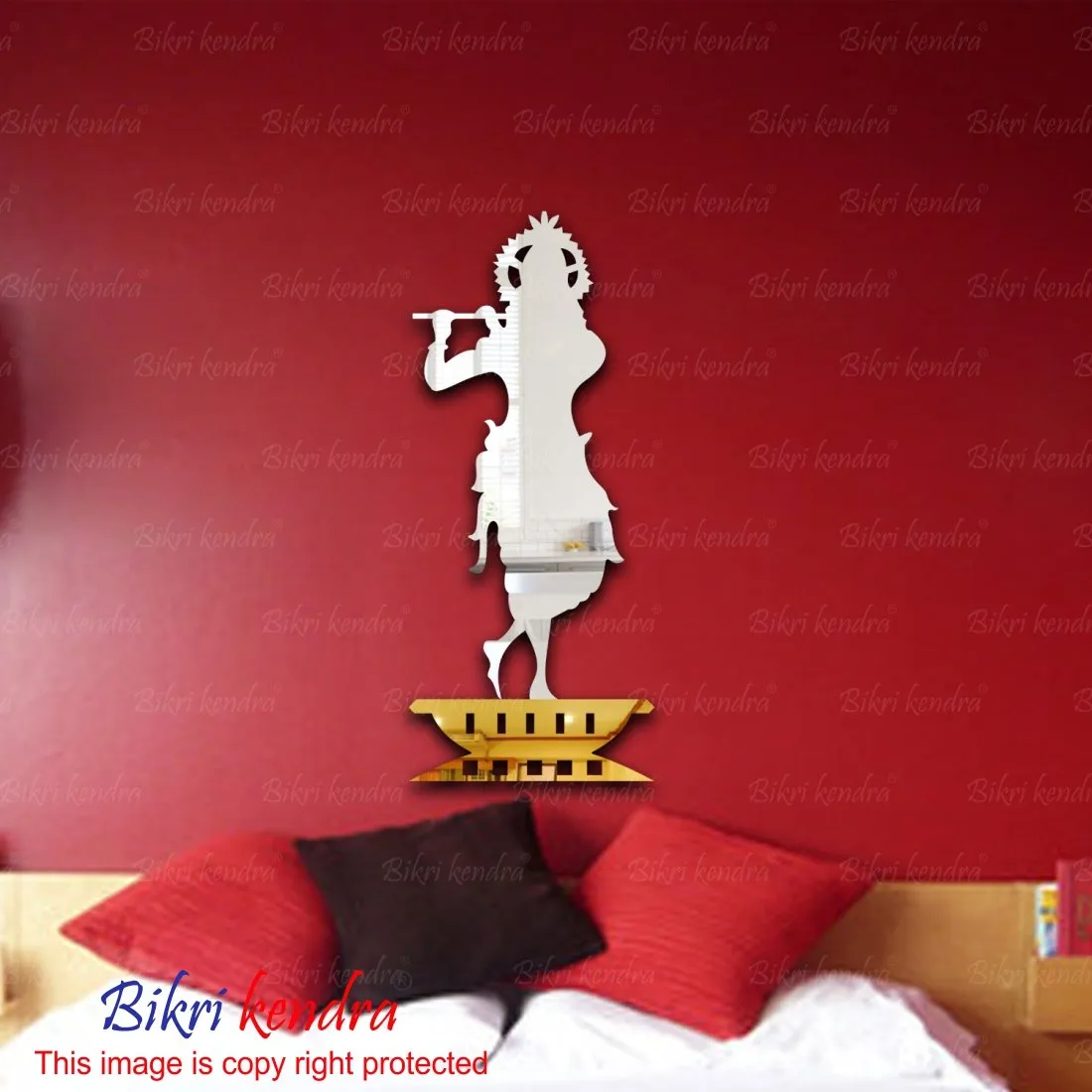 Bikri Kendra - Silver Krishna with Golden Stand 3D Acrylic Mirror Wall Stickers (Multicolour)