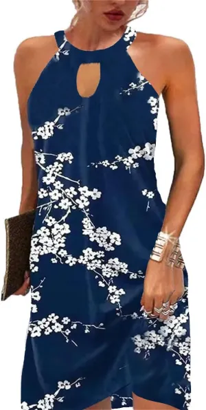 BIRW Women Summer Over The Knee Dress 2025 Casual Floral Halter Beach Vacation Sundresses with Pockets
