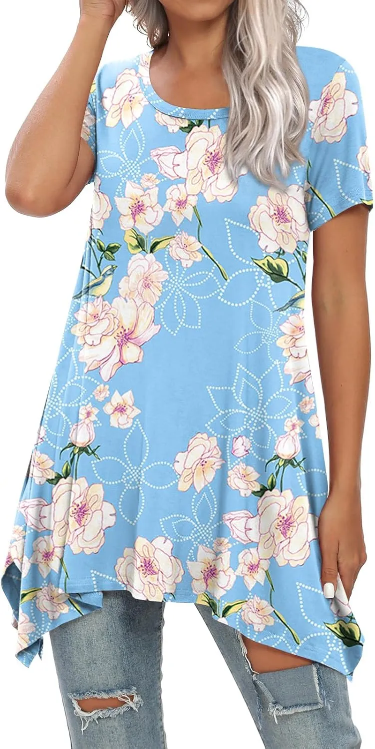 BISHUIGE Womens Summer Short Sleeve Irregular Hem Loose Tunic Tops Flowy Blouses Shirt