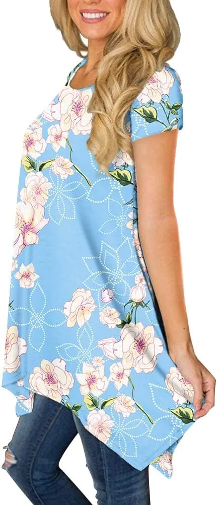 BISHUIGE Womens Summer Short Sleeve Irregular Hem Loose Tunic Tops Flowy Blouses Shirt