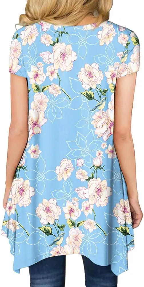BISHUIGE Womens Summer Short Sleeve Irregular Hem Loose Tunic Tops Flowy Blouses Shirt