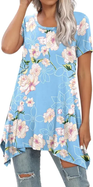 BISHUIGE Womens Summer Short Sleeve Irregular Hem Loose Tunic Tops Flowy Blouses Shirt
