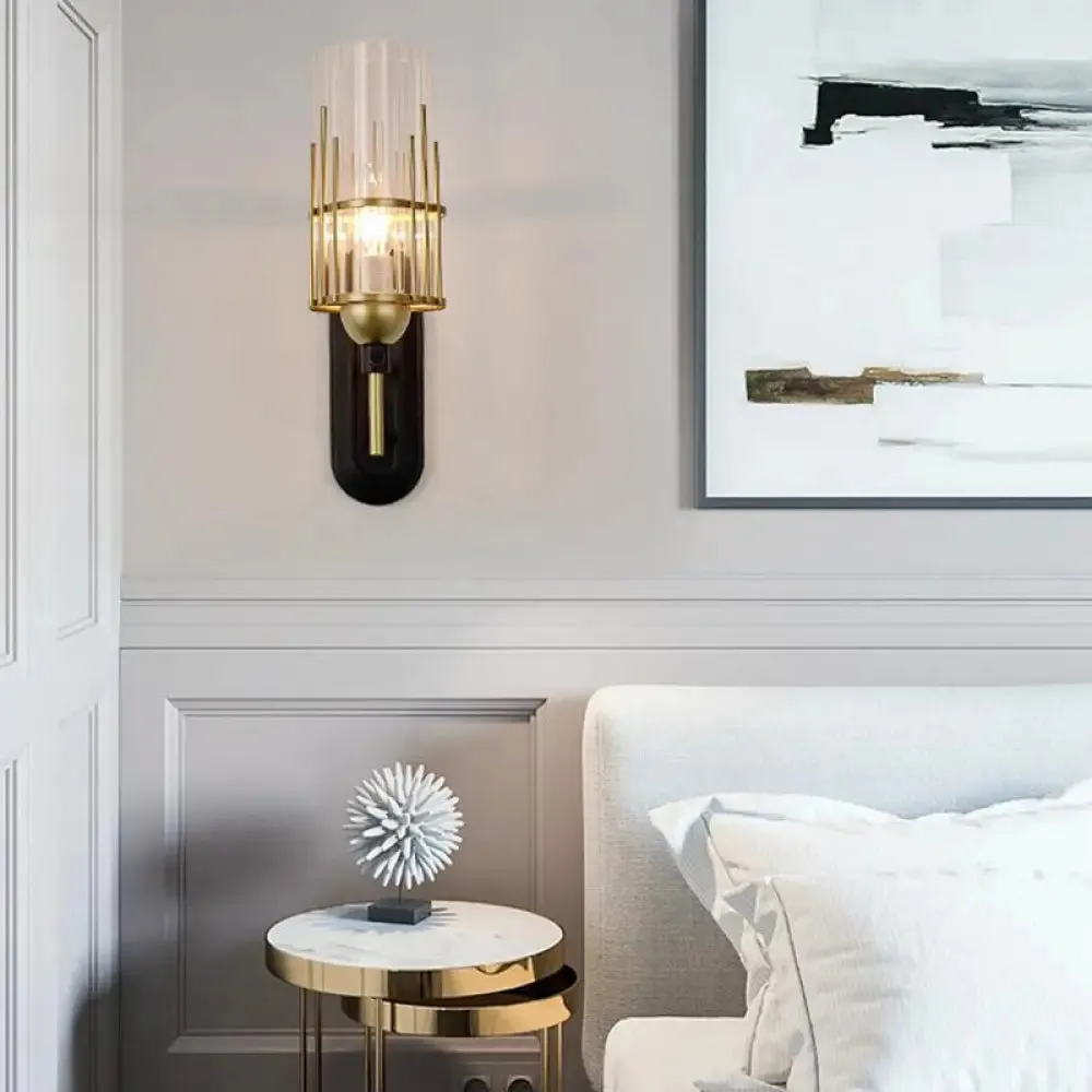 Black Metal Wall Sconce with Clear Glass Shade for Bedside Lighting