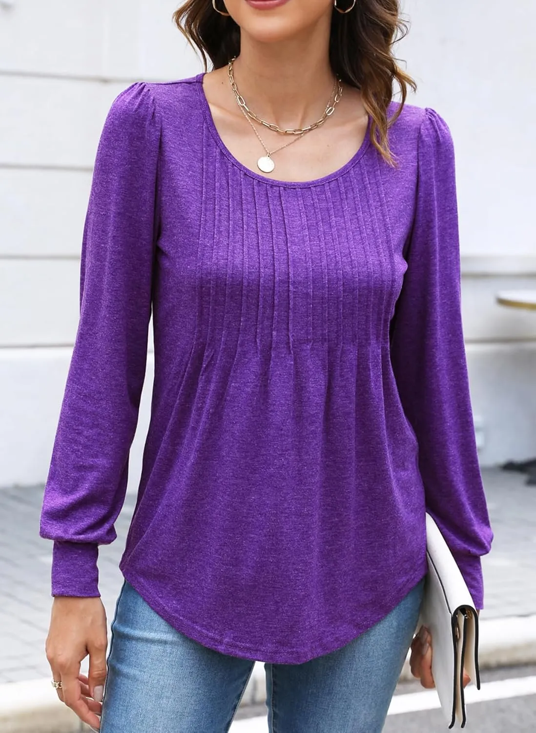 Bluetime Women's Puff Long Sleeve Pleated Front Scoop Neck Tunic Tops Fall Tshirts Shirts Blouses