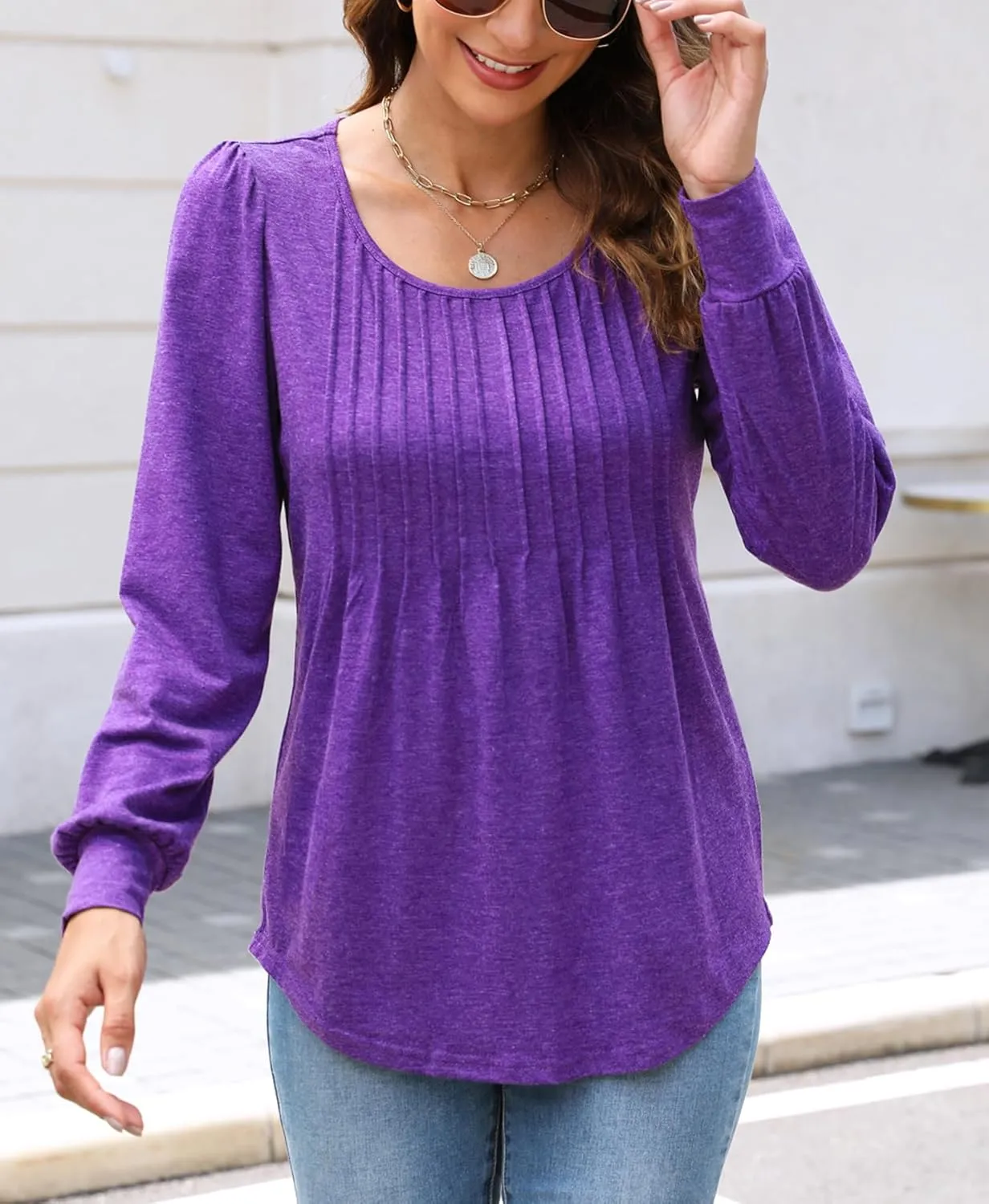 Bluetime Women's Puff Long Sleeve Pleated Front Scoop Neck Tunic Tops Fall Tshirts Shirts Blouses