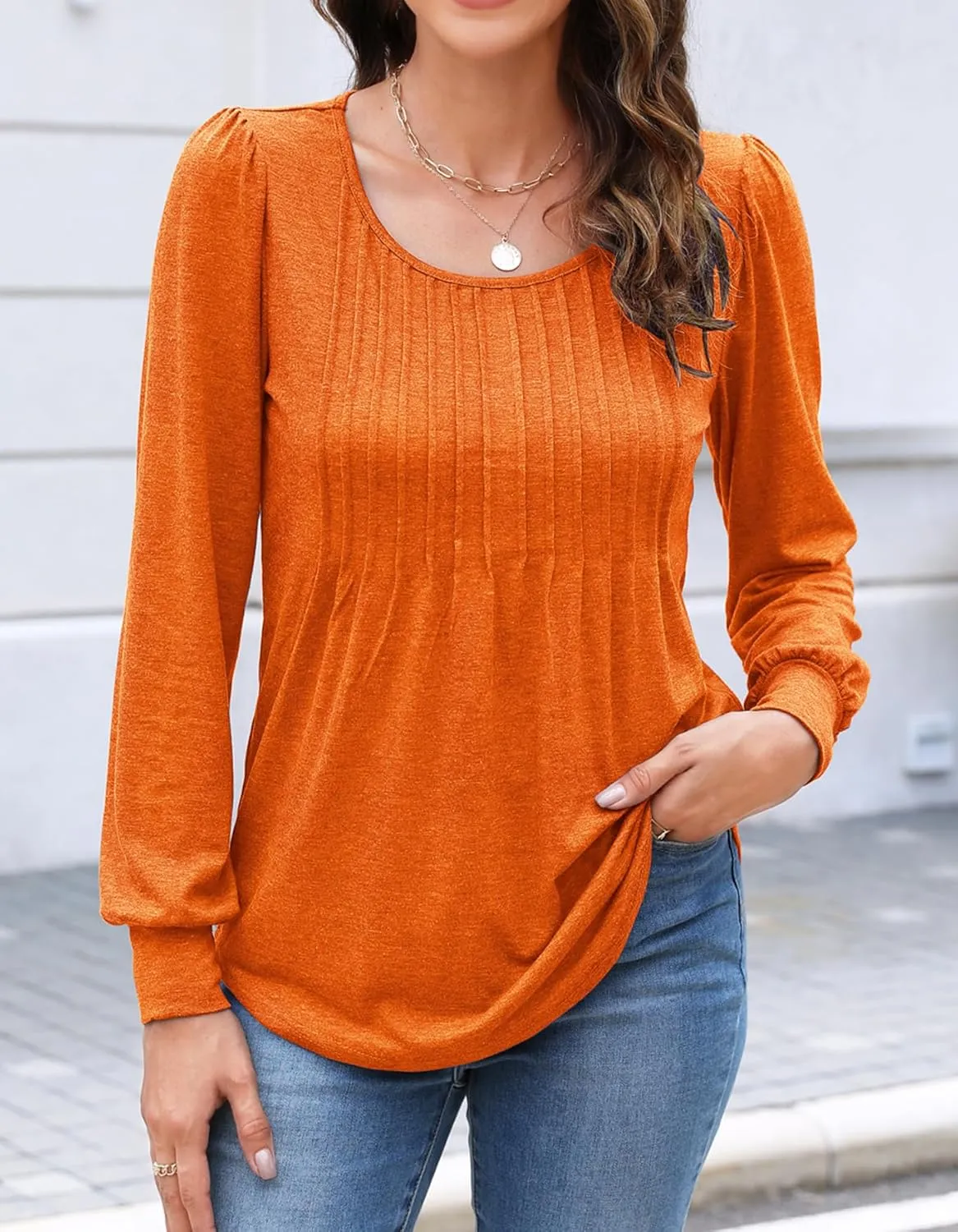 Bluetime Women's Puff Long Sleeve Pleated Front Scoop Neck Tunic Tops Fall Tshirts Shirts Blouses