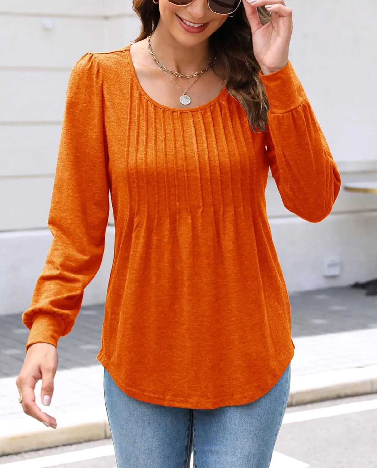 Bluetime Women's Puff Long Sleeve Pleated Front Scoop Neck Tunic Tops Fall Tshirts Shirts Blouses