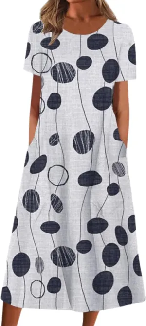 Boho Floral Maxi Dress for Women Casual Loose Summer Short Sleeve Beach Vacation Dresses with Pockets