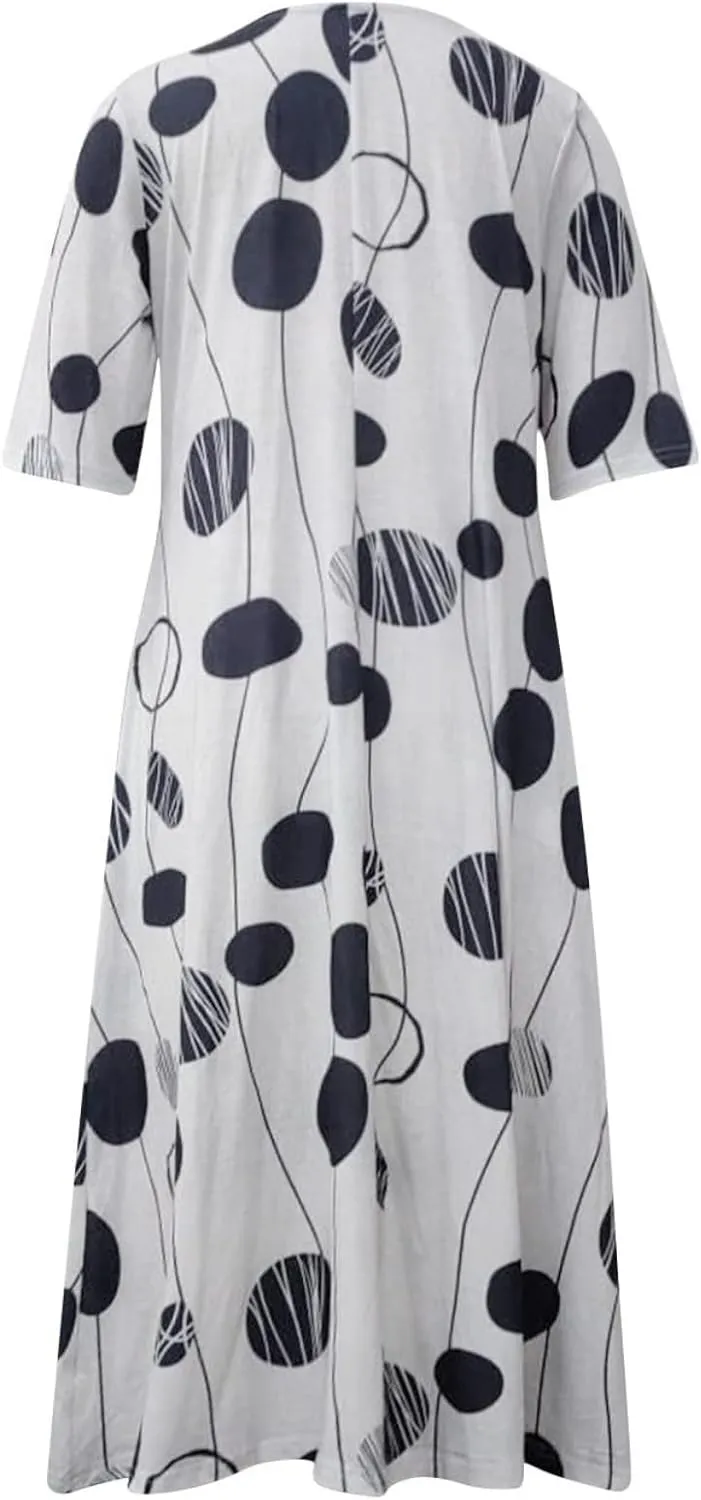 Boho Floral Maxi Dress for Women Casual Loose Summer Short Sleeve Beach Vacation Dresses with Pockets