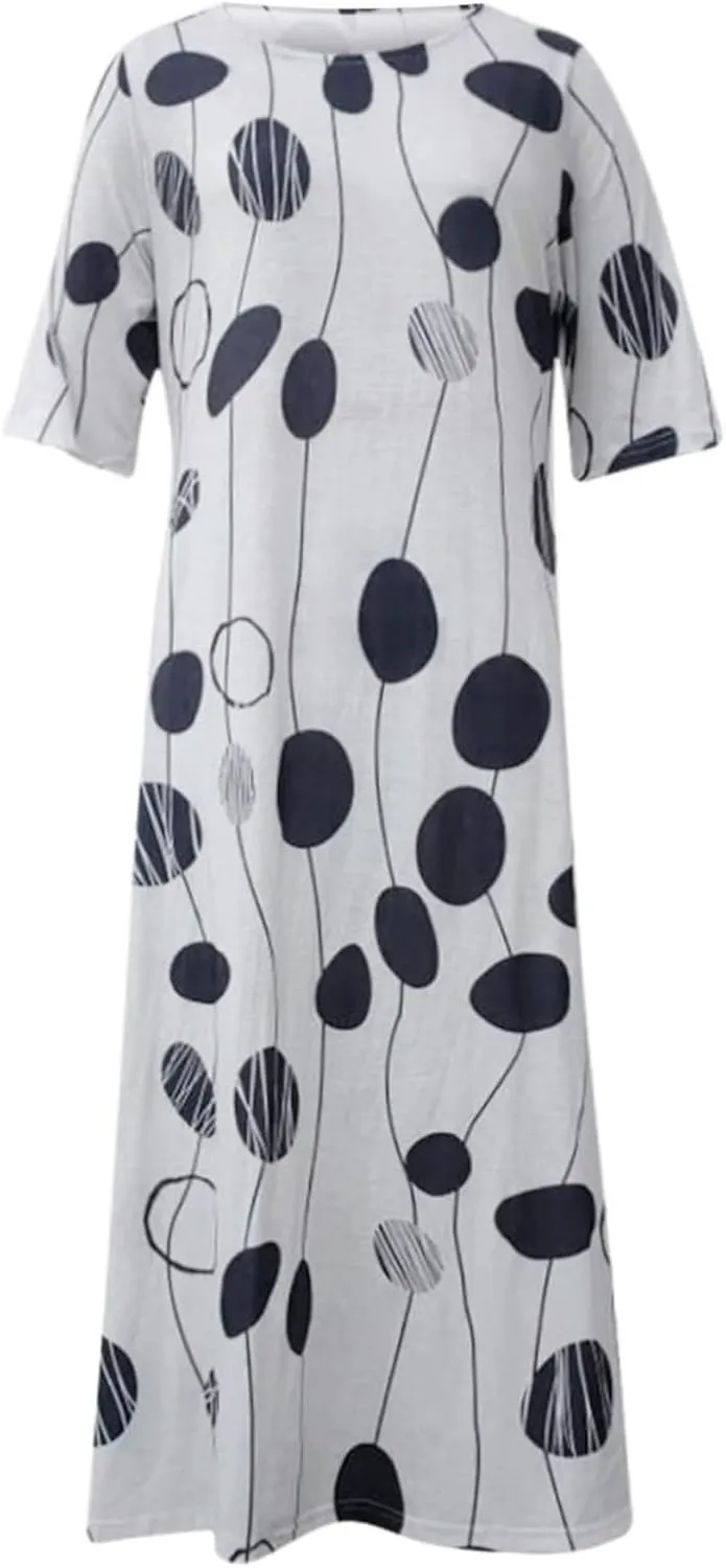 Boho Floral Maxi Dress for Women Casual Loose Summer Short Sleeve Beach Vacation Dresses with Pockets