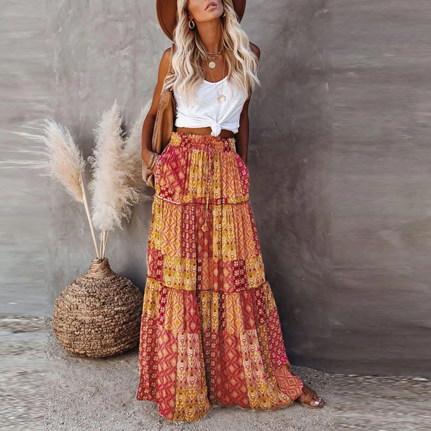 Boho Long Skirts for Women Summer Drawstring High Waisted Tiered Flowy Maxi Skirt Casual Beach Bohemian A-Line Skirt