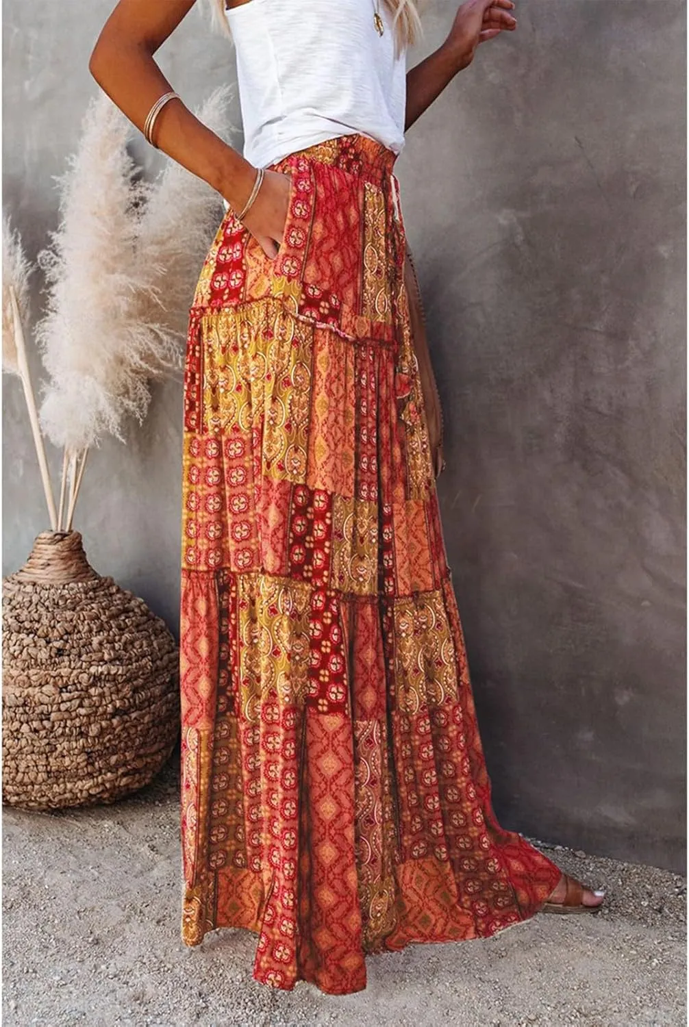 Boho Long Skirts for Women Summer Drawstring High Waisted Tiered Flowy Maxi Skirt Casual Beach Bohemian A-Line Skirt