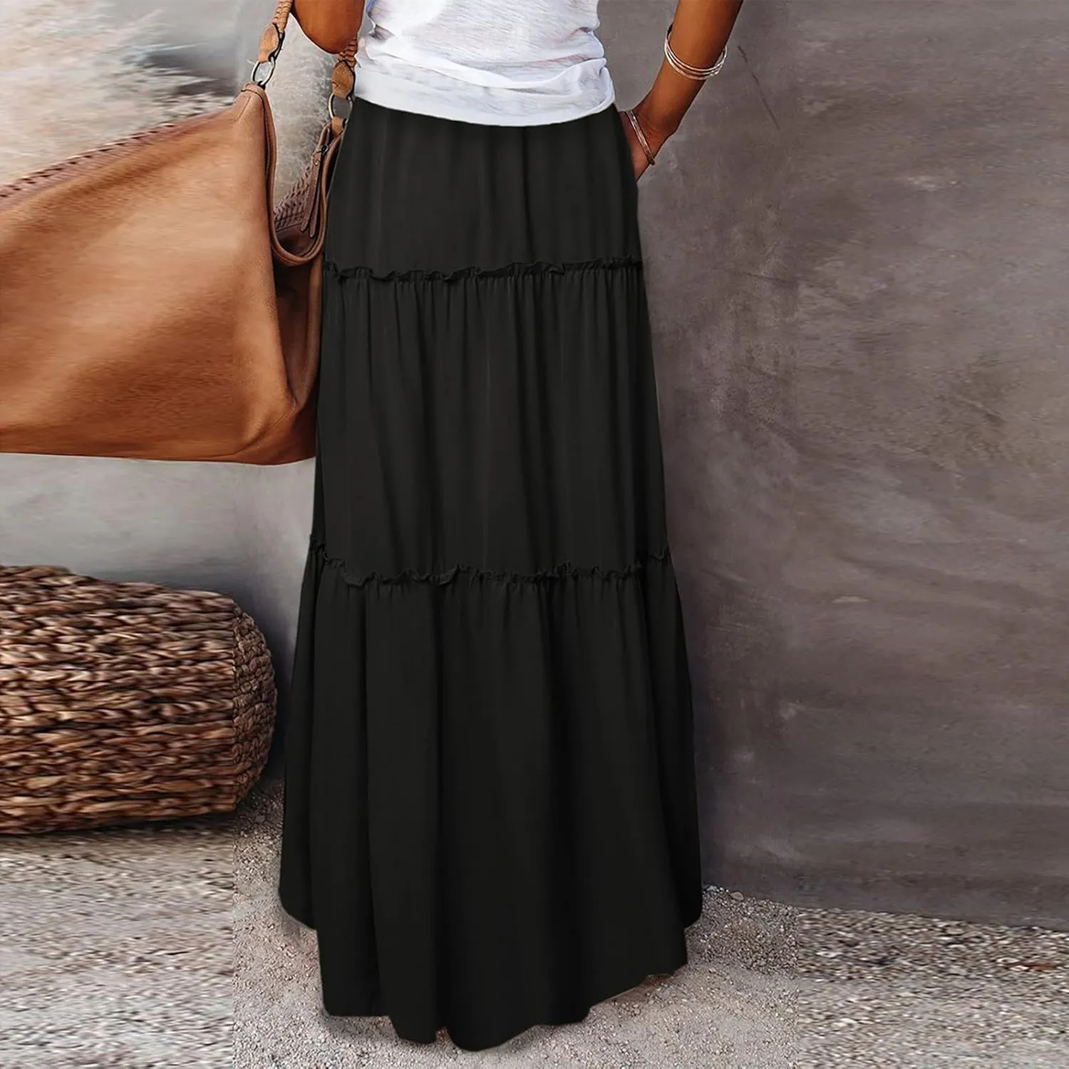 Boho Skirts for Women Pleated Ruffle Flowy Skirt Women's Summer Long Maxi Bohemian High Waist A Line Skirt with Pockets